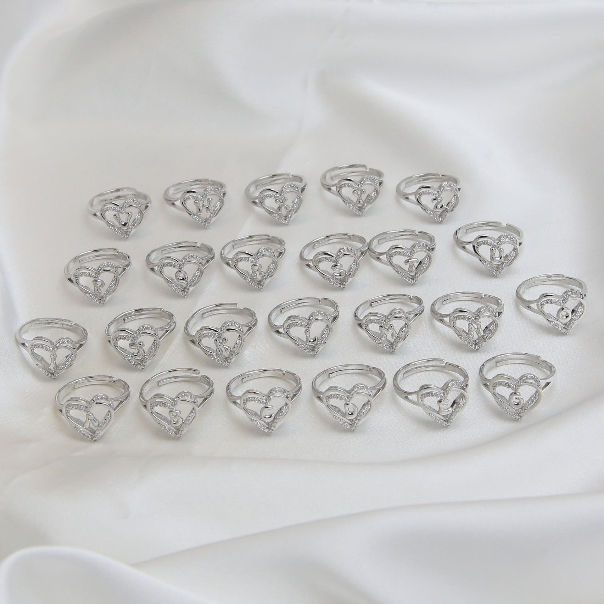 Wholesale silver love heart-shaped 26 English letters open heart women's ring