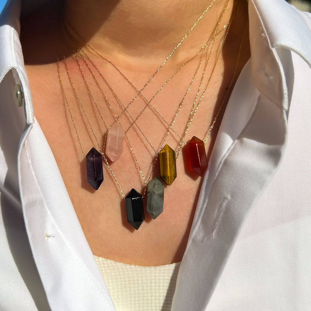 Wholesale Natural Crystal Double-pointed Multi-faceted Hand-polished Hexagonal Prism Pendant Stainless Steel Necklace