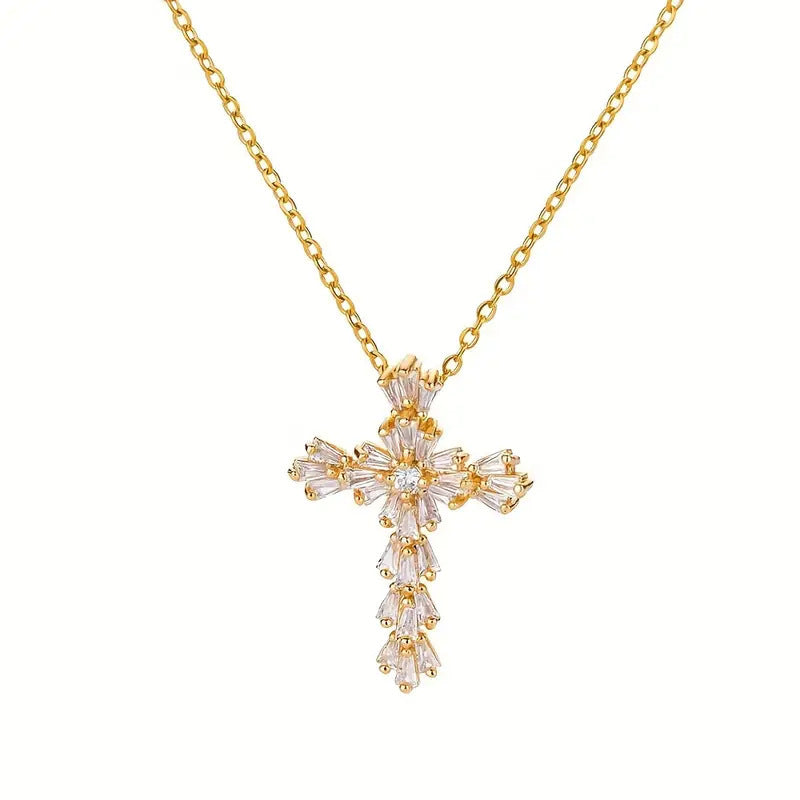 Wholesale Copper Zircon Cross Pendant Necklace for Women,  Gold and White,  Fashion Jewelry Gift