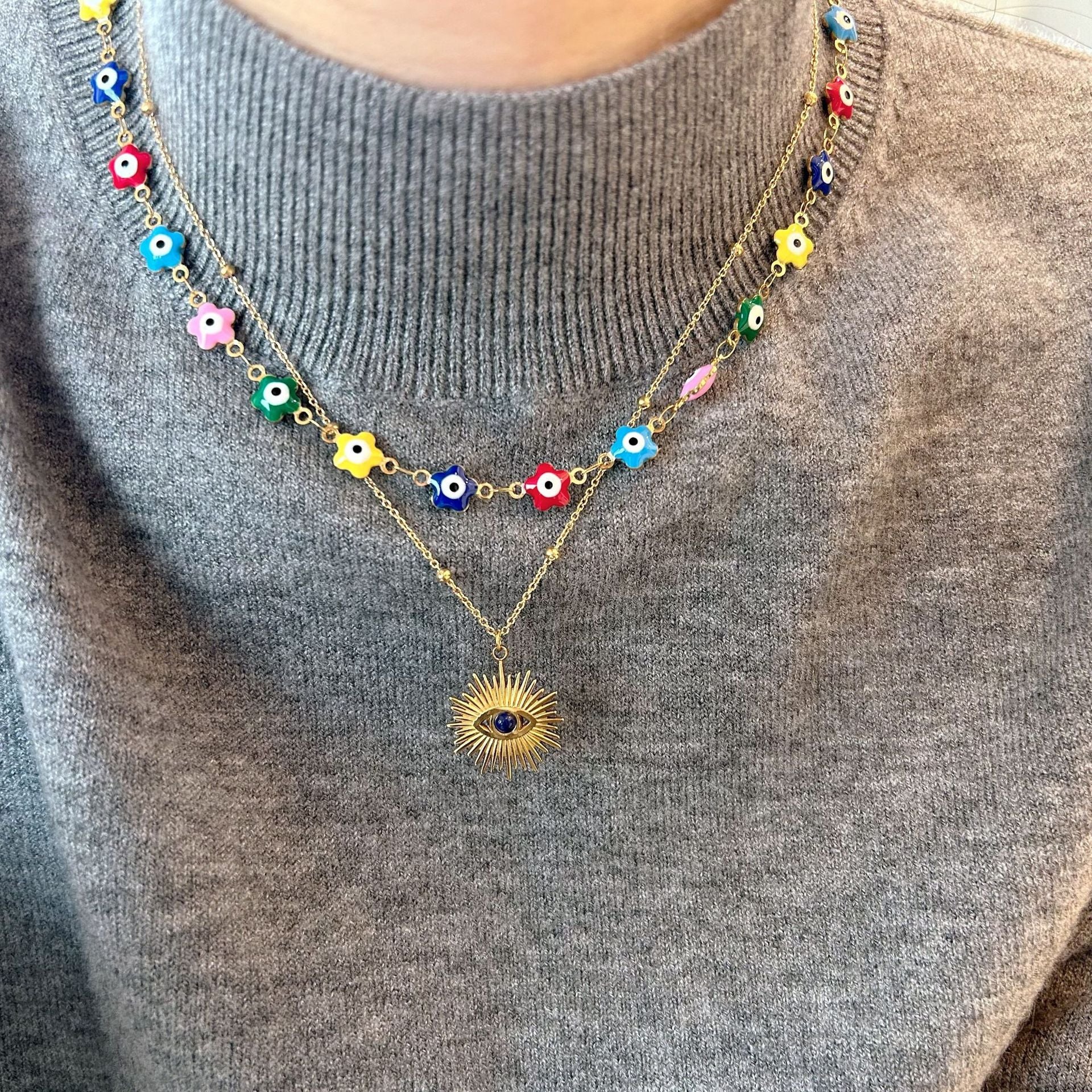 Wholesale  Demon Eye Beaded Necklace Natural Stone Eye Pendant Stainless Steel Chain