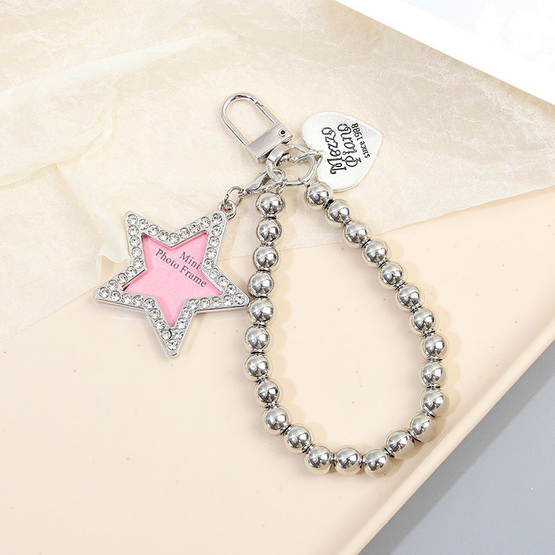 Wholesale Diamond-inlaid five-pointed star tag metal texture dog bone keychain