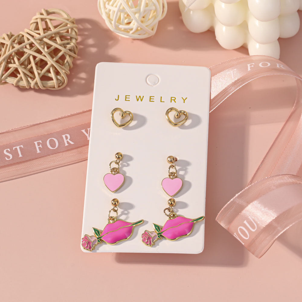 Wholesale Valentine' s Day Oil Drop Rose Red Lip Earring