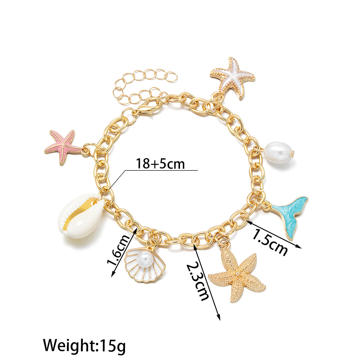 Wholesale Bohemian Ocean Style Alloy Starfish Shell Mermaid Tail Pearl Pendant Adjustable Bracelet