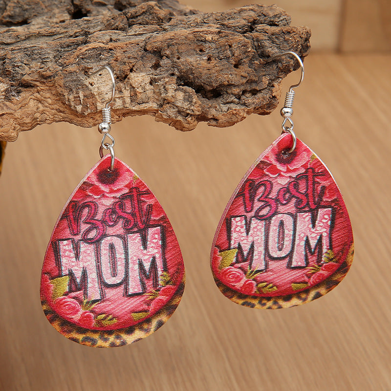 Wholesale Mother' s Day MOM Letter Teardrop Leather Rose Flower Leopard Print Earrings