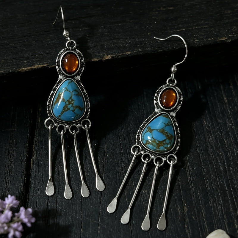 Wholesale Vintage Turquoise Tassel Earrings Retro Western Style Alloy Jewelry Accessory For Party Gift