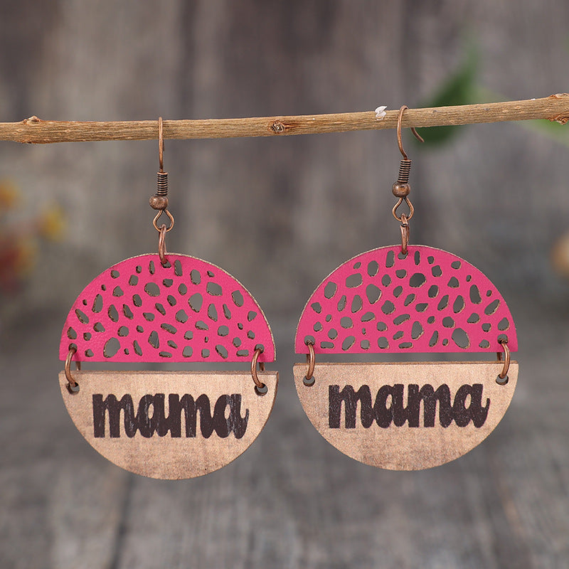 Wholesale Mother's Day retro style wood piece leather combination letter mom round earrings