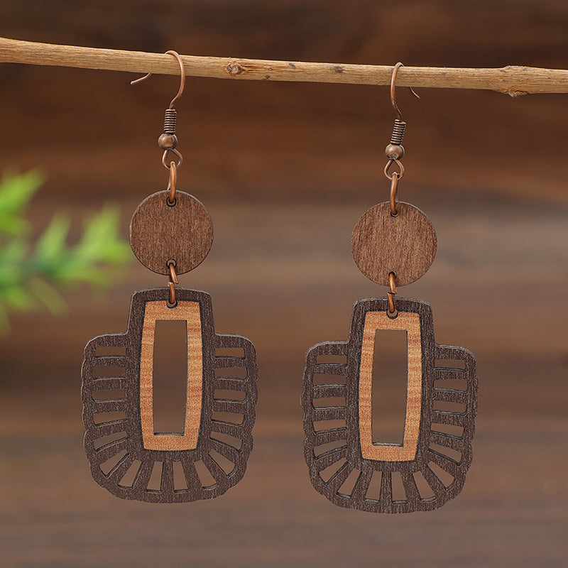Wholesale Retro Cut Out Geometric Splicing Small Round Wood Piece Women' s Simple Earrings