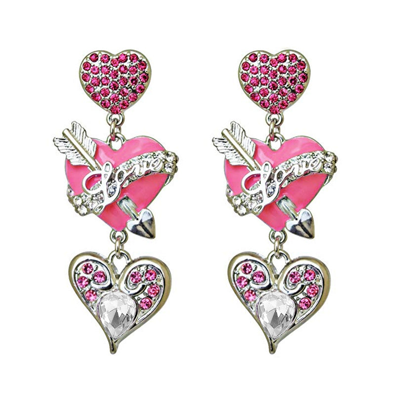 Wholesale Alloy Oil Dripping Diamond Love Earrings Pink Heart-shaped Earrings