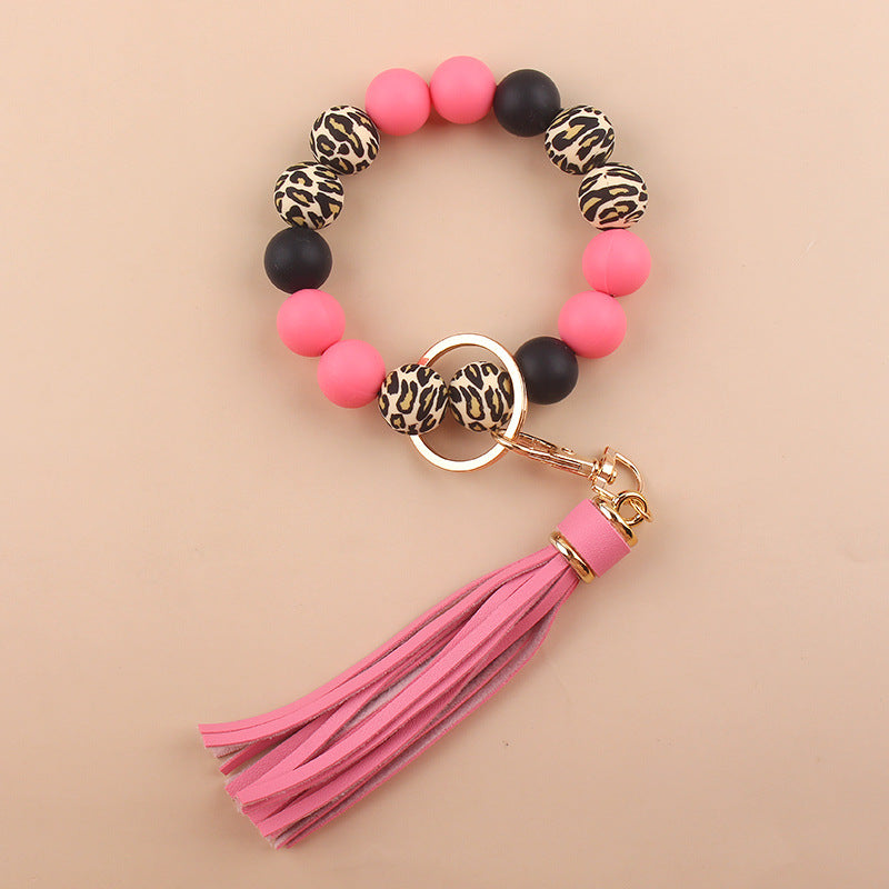 Wholesale  leopard silicone hand beaded bracelet handmade tassel bracelet keychain