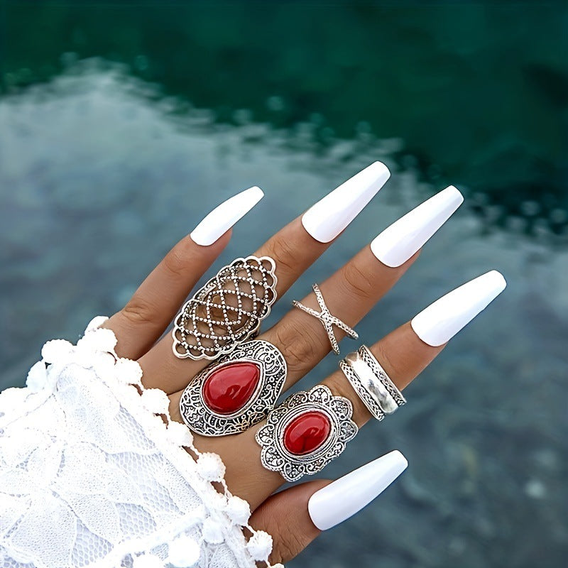 Wholesale Retro Turquoise Cross Hollow Ring Set - 5 Pcs Fashion Accessory for Unisex Gift Boutique Resale