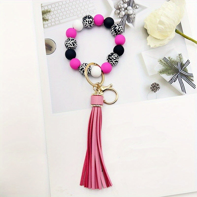 Wholesale Handmade Wooden Bead Keychain Bracelet Celestial Pattern Red Boutique Resale Accessory