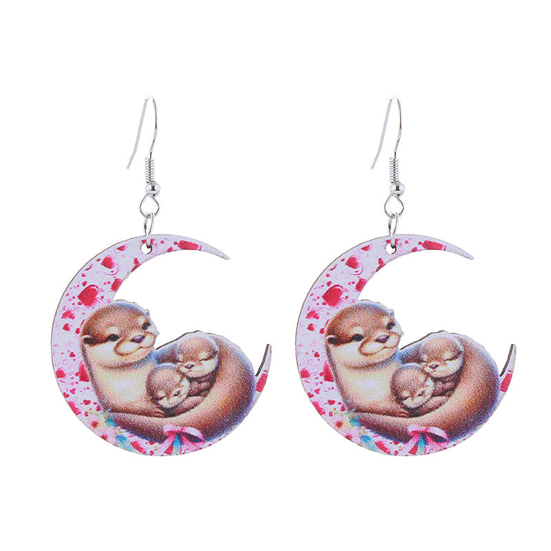 Wholesale Mother' s Day Wooden MOM Leopard Print Lip Print Creative Cartoon Earrings