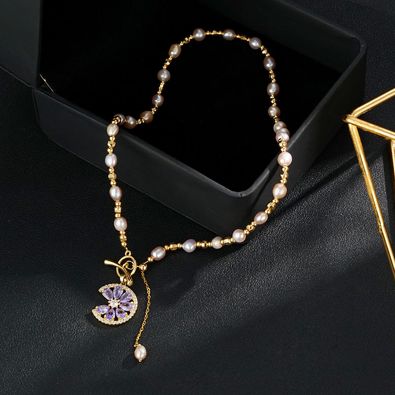 Wholesale  Color Freshwater Pearl Necklace  Gold Electroplating Micro-inlaid Purple Zircon Pendant Necklaces