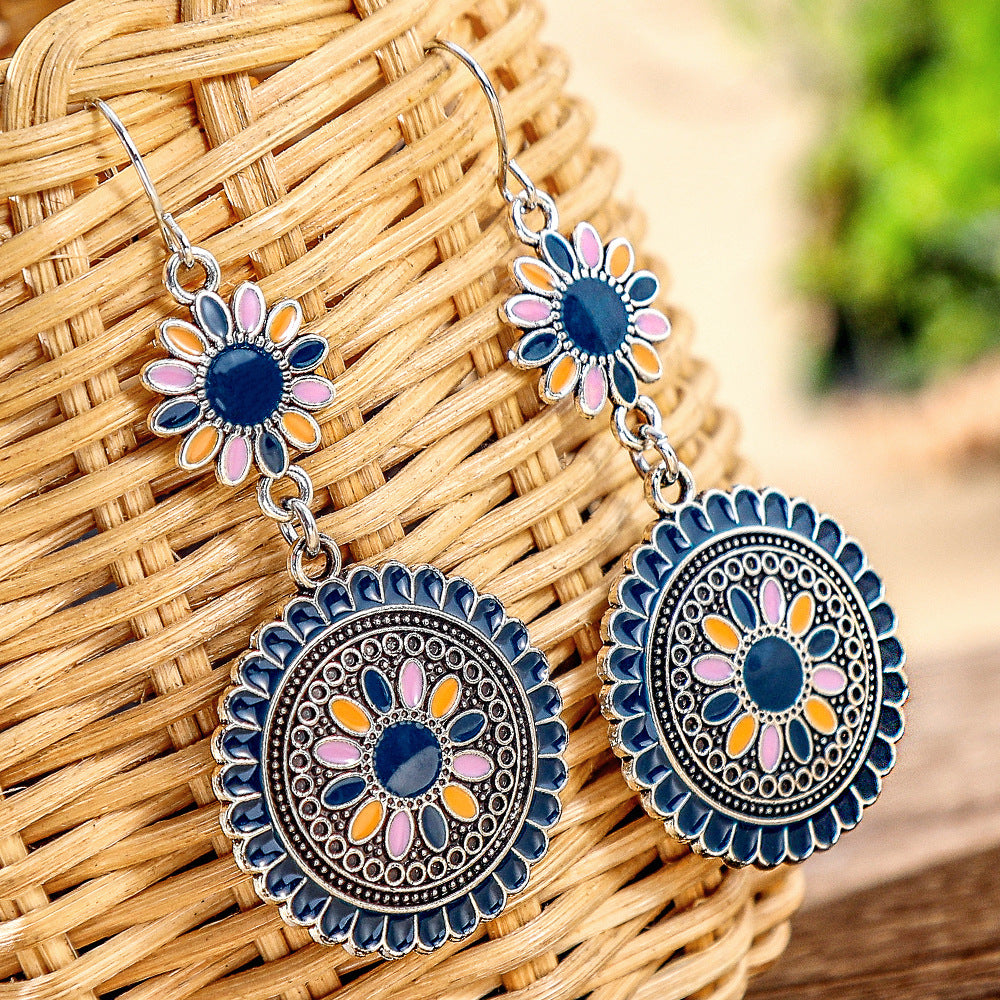 Wholesale Retro Sunflower Oil Drip Earrings - Zinc Alloy Jewelry Accessory for Party