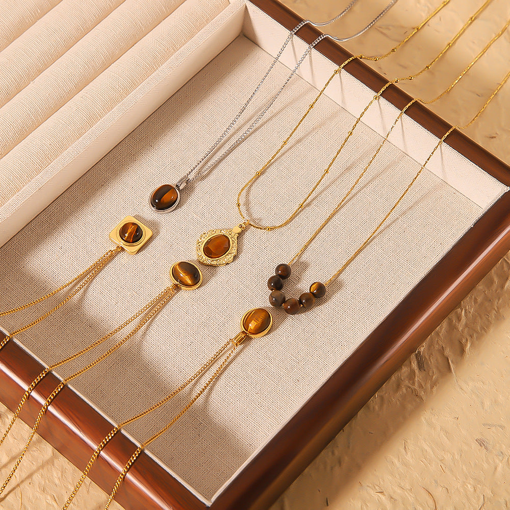 Wholesale  stainless steel 18K gold plated pendant inlaid natural Tiger Eye stone necklace