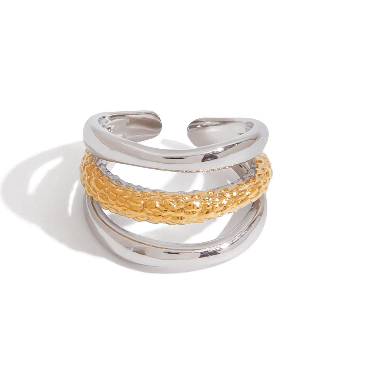 Wholesale 18K gold and stainless steel gold and silver three-layer hollow  open ring