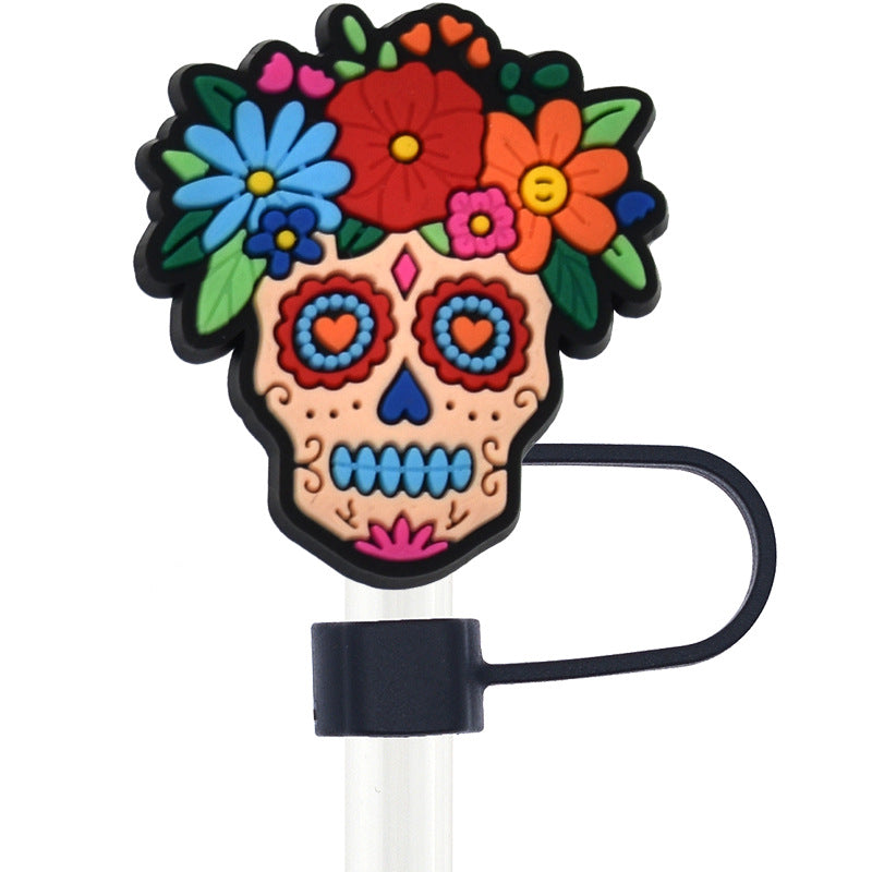 Wholesale Random 100pcs Day of the Dead Skull 10mm PVC Soft Straw Tube Cap ACC-SCR-RYY099