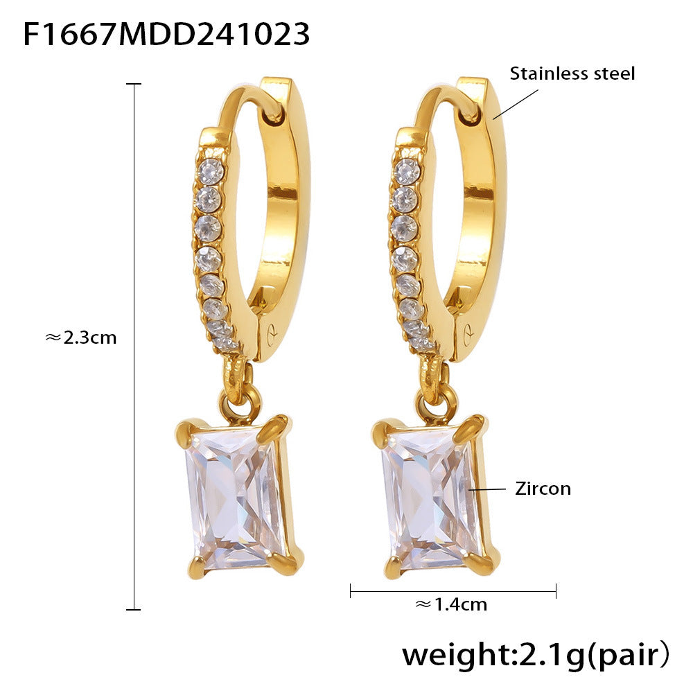 Wholesale Stainless Steel  Light Luxury Square Drop Zircon Earrings