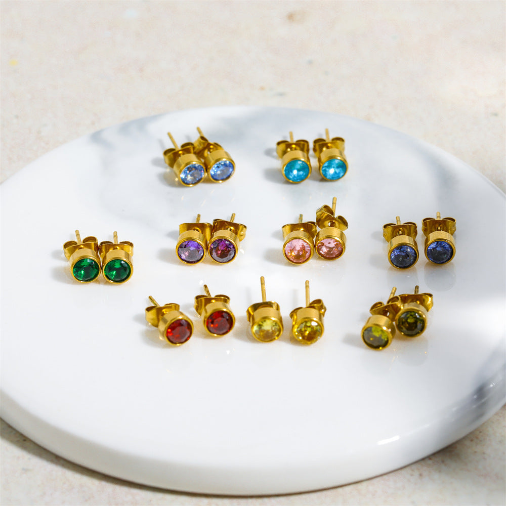 Wholesale Copper 18K Gold-plated Zircon, Twelve Zodiac Signs, Birthstones, Stainless Steel Earrings