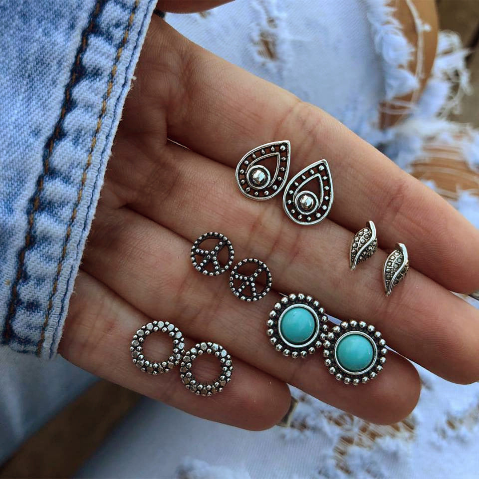 Wholesale Bohemian retro hollow turquoise geometric circle earrings
