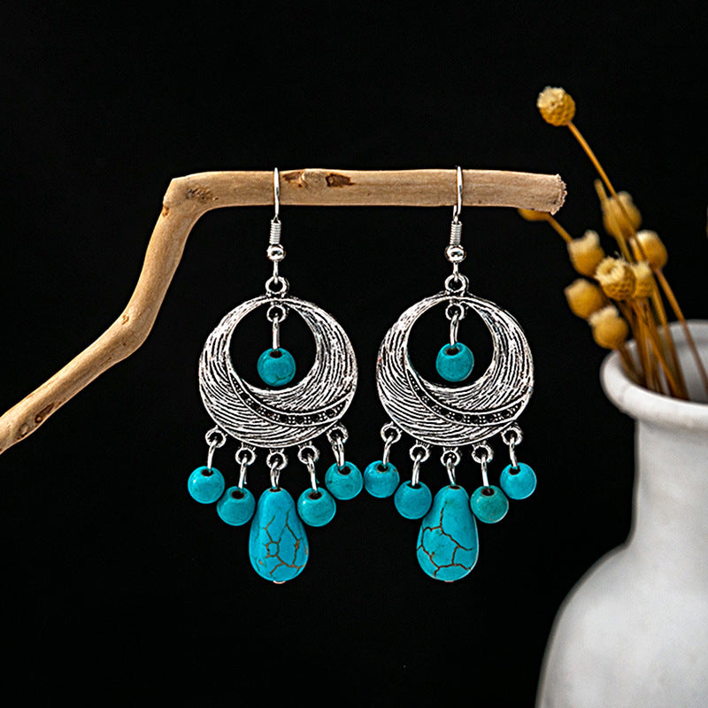 Wholesale retro ethnic style hollow flower tassel turquoise owl alloy earrings ACC-ES-MDD009