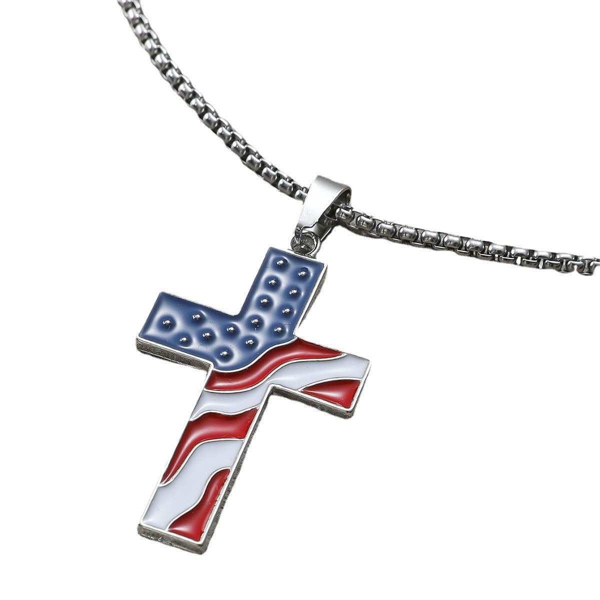 Wholesale Independence Day American Flag Cross Oil Drop Pendant Unisex Necklace