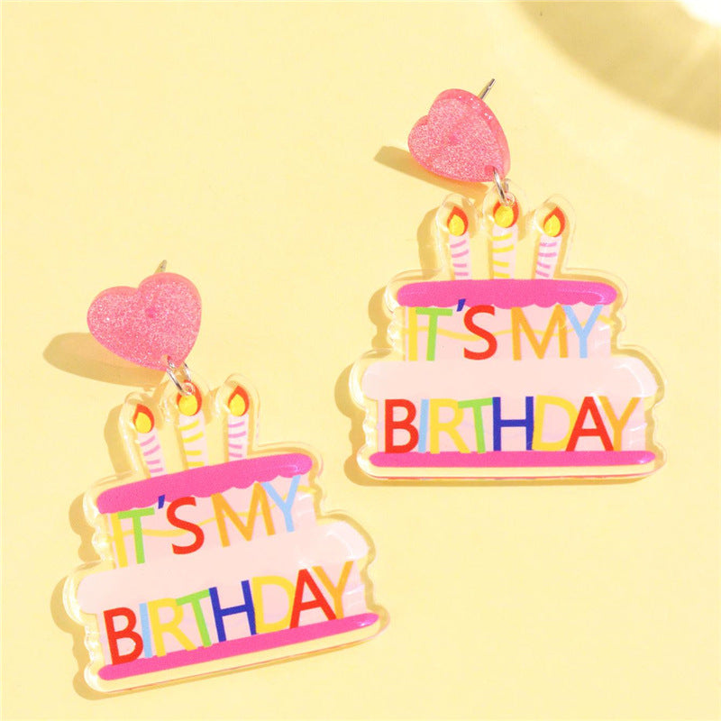 Wholesale Acrylic Happy Birthday Printed Birthday Cake Earrings