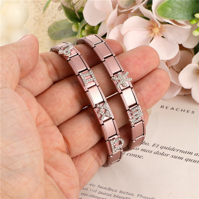 Wholesale Trendy Pink Zodiac Pisces Bracelet Charm Stainless Steel Crystal DIY Jewelry Accessory For Party Gift