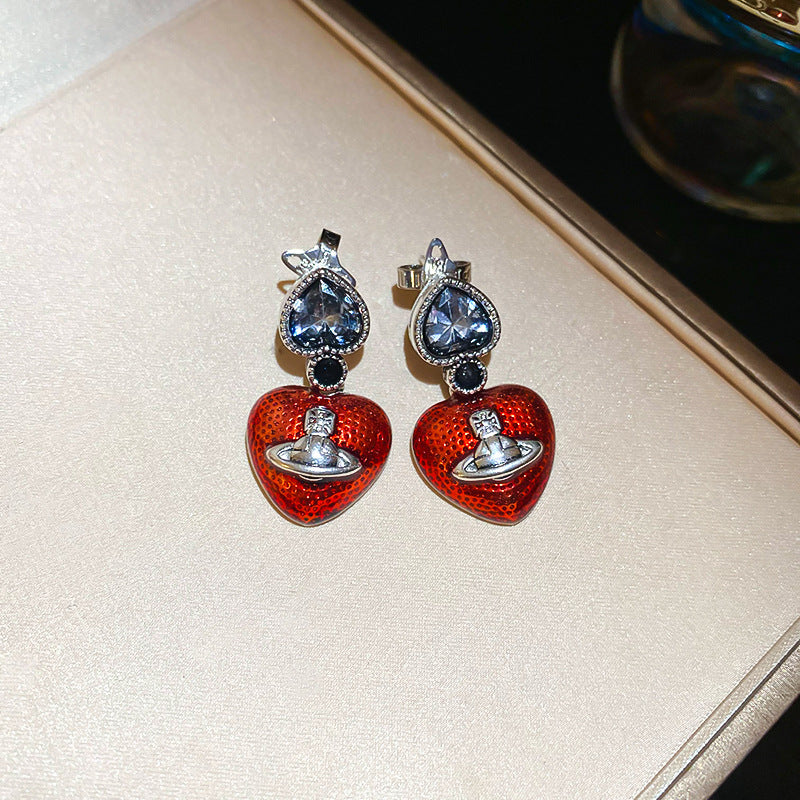 Wholesale Silver Needle Diamond Dropping Oil Love Planet Earrings