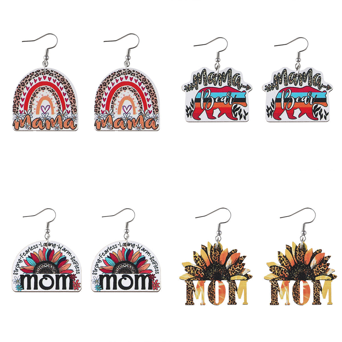 Wholesale Mother's Day MAMA MOM Leopard Sunflower Rainbow Hollow Pendant Wood Earrings ACC-ES-ChuLian094