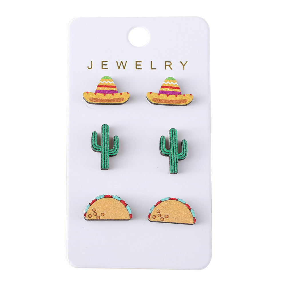 Wholesale Colorful Straw Hat Cactus Wooden Earring Set