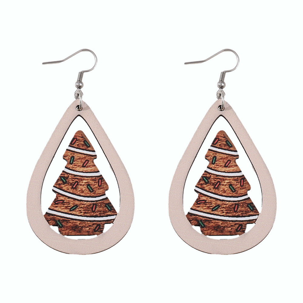 Wholesale Christmas ribbon dessert Christmas tree water drop pendant earrings wooden