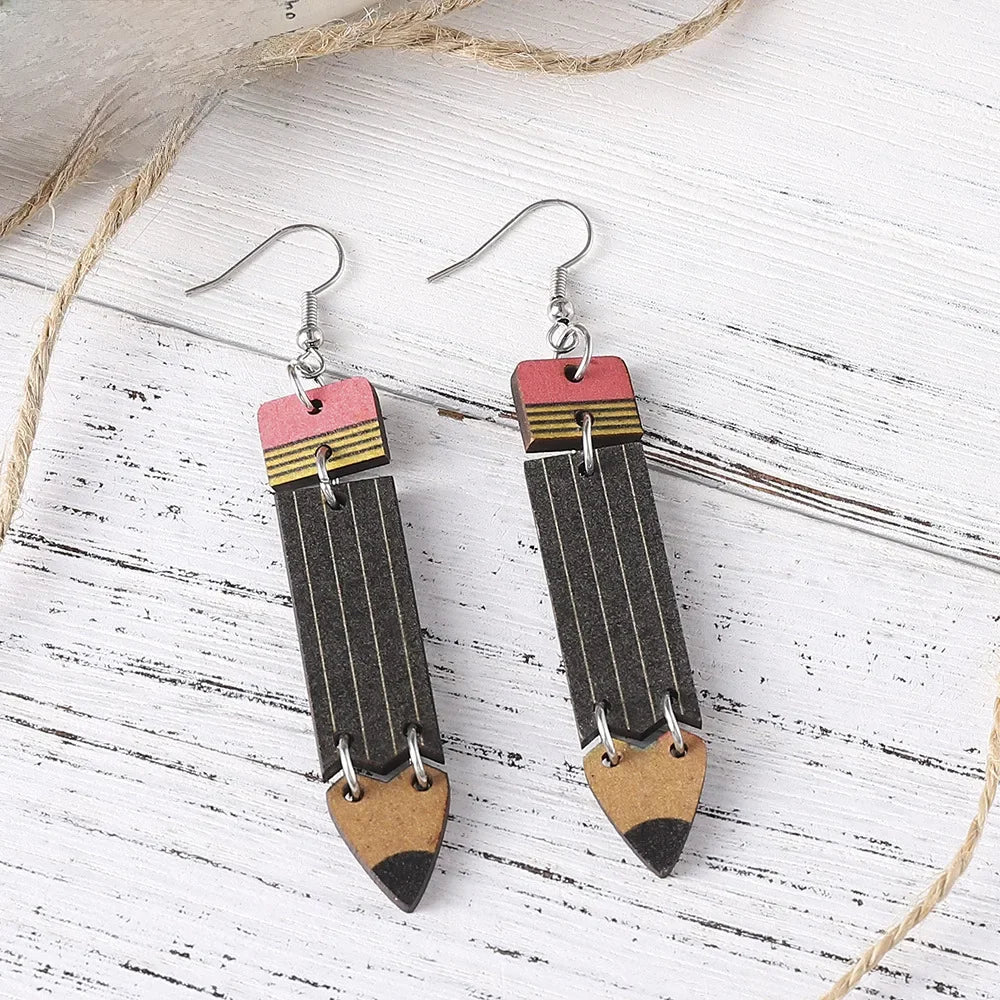 Wholesale  Teaching and Learning Rainbow Pencil Double-sided Wooden Earrings