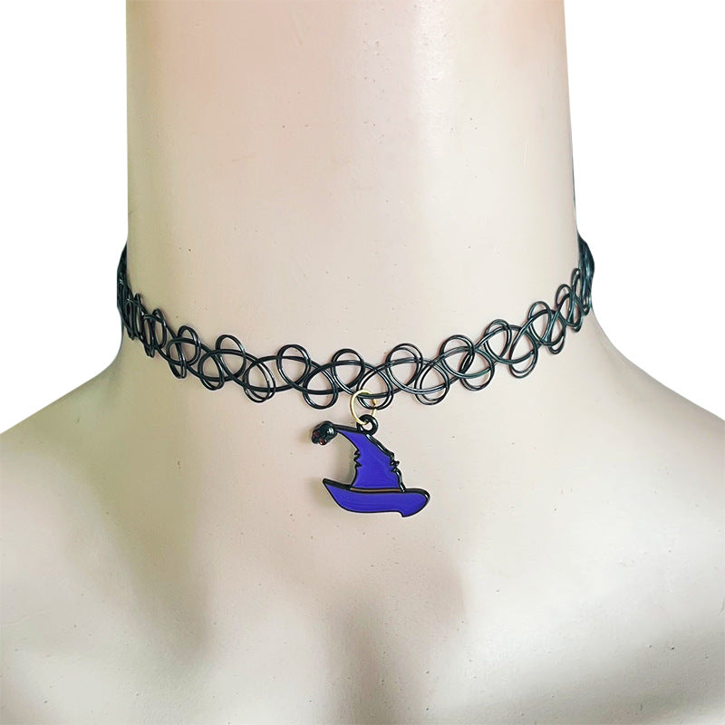 Wholesale 2pcs Halloween Black Lace Clavicle Chain Moon Black Cat Witch Ghost Cute Necklace