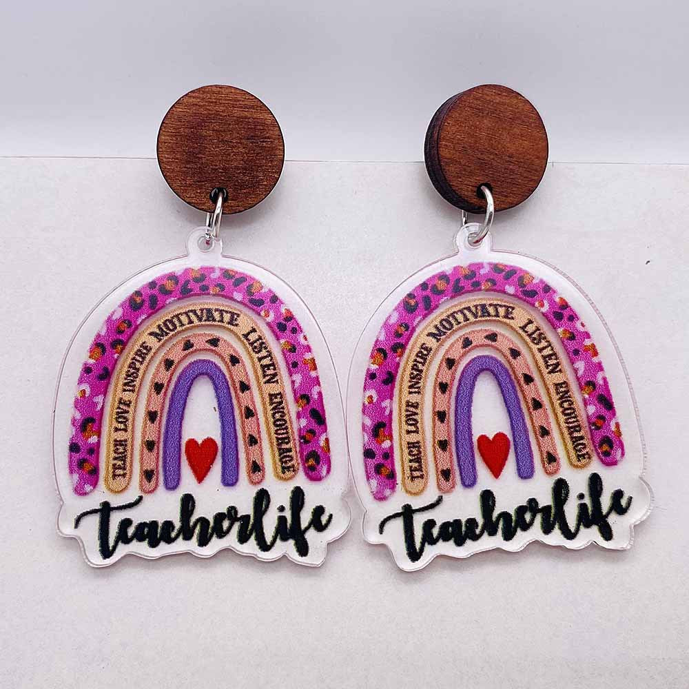 Wholesale Teacher' s Day Leopard Print Pencil Ruler Acrylic Earrings