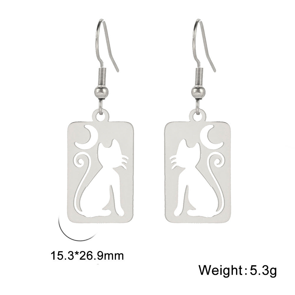 Wholesale Cat Crescent Hollow Pendant Stainless Steel Earrings Fashion Accessory