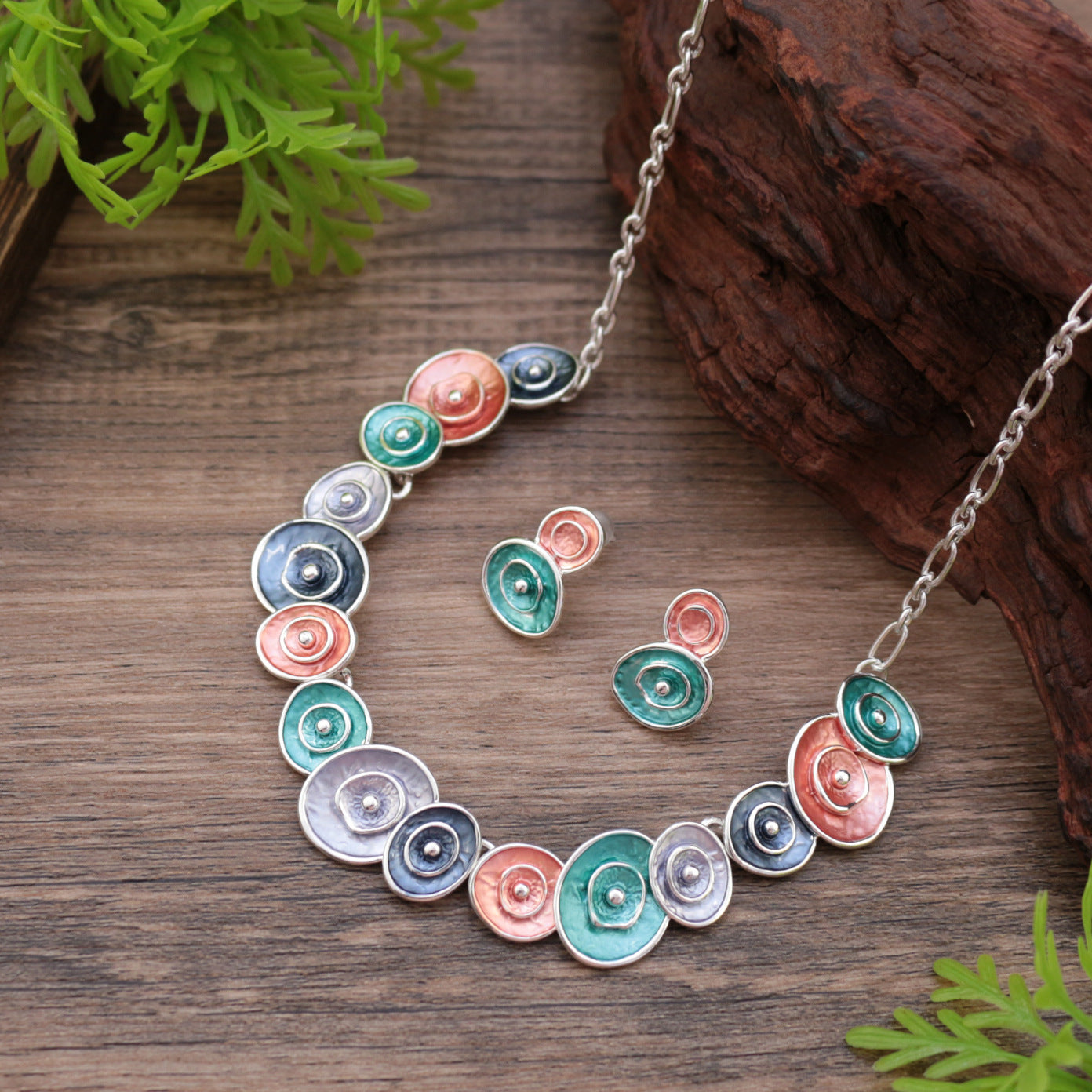 Wholesale  Enamel Round Flower Stud Earrings Necklace suit