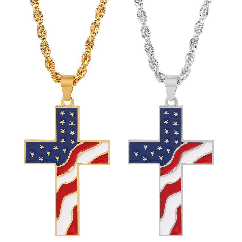 Wholesale Independence Day American Flag Cross Gold Plated Alloy Necklaces ACC-NE-Aya002