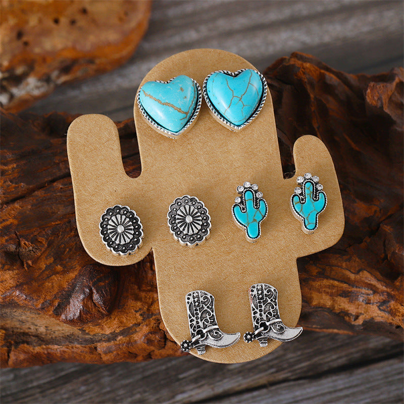Wholesale 4pcs/set Retro Turquoise Love Cactus Cattle Head Cowboy Boots Earrings