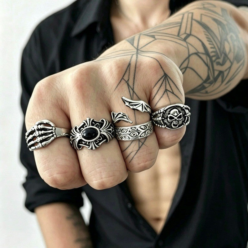 Wholesale Vintage Punk Skeleton  Ring Set 24 Piece Ancient Silver Zinc Alloy Jewelry Accessory