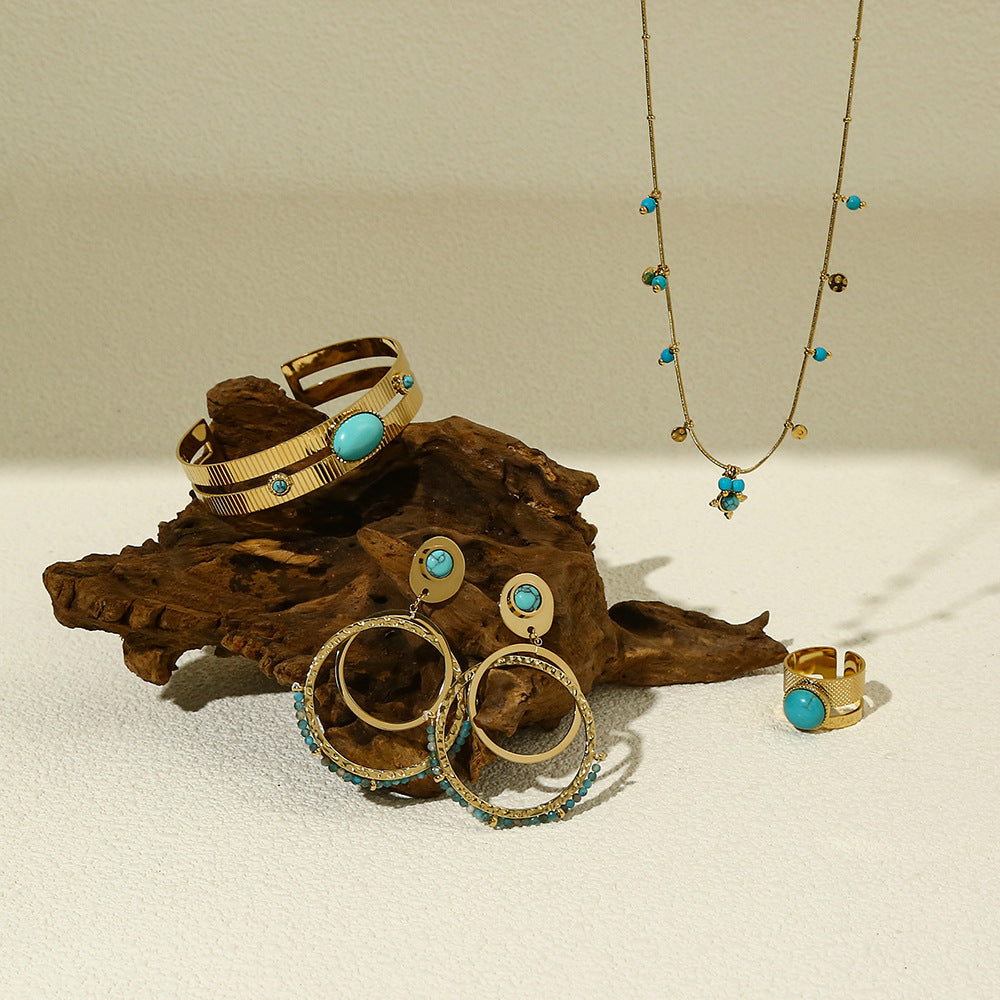 Wholesale Pine blue stone stacked jewelry suit women's titanium steel natural stone necklace earrings ring