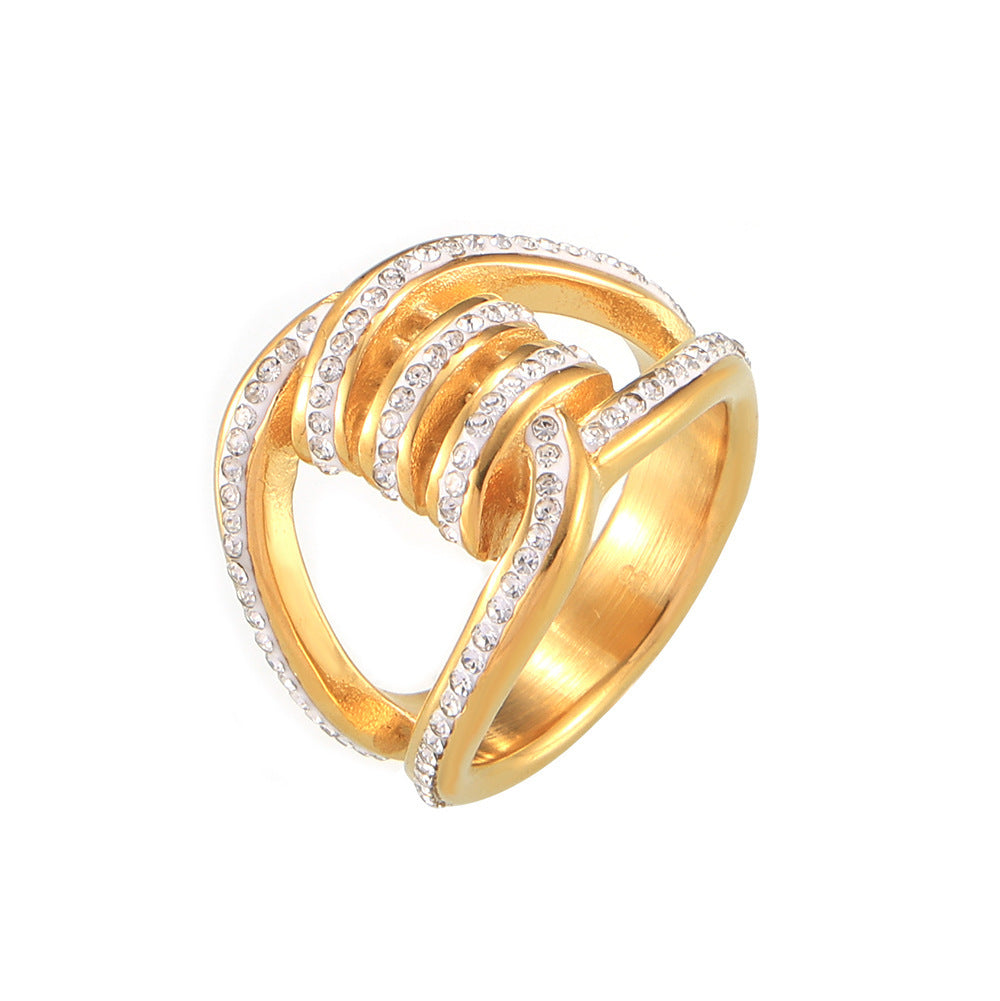 Wholesale geometric double splicing ring titanium steel plated 18k gold inlaid full diamond ring