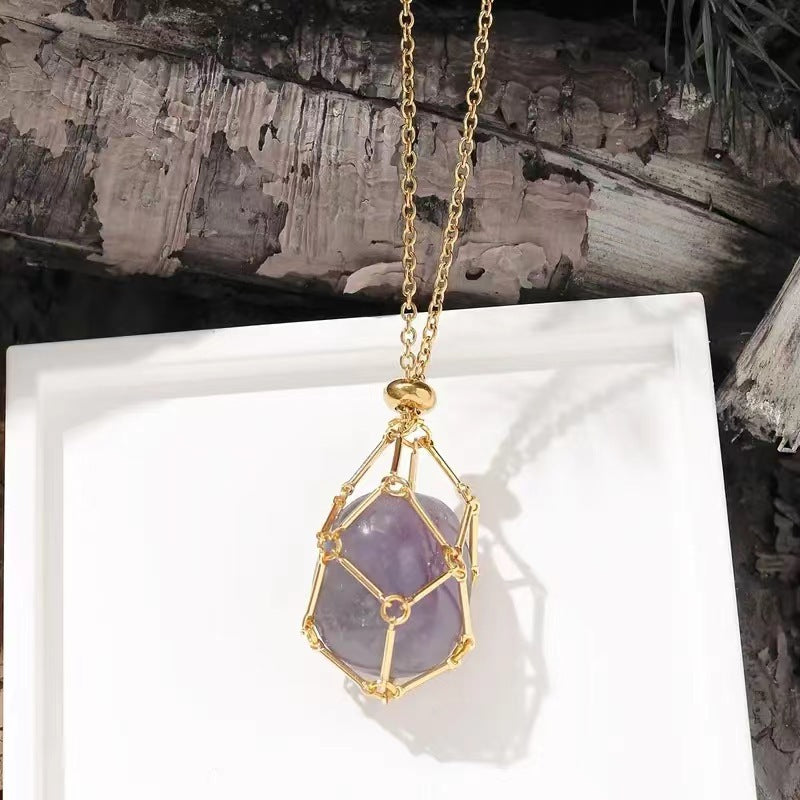 Wholesale  Crystal Stone Net Bag Woven Metal Women's Necklace Bamboo Chain