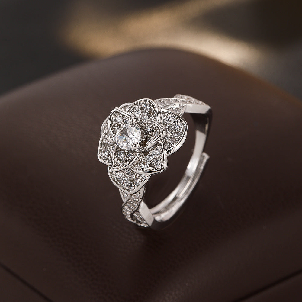 Wholesale Chic Camellia Design Women S Ring Silver Tone Copper Zircon Everyday Wear Jewelry Gift