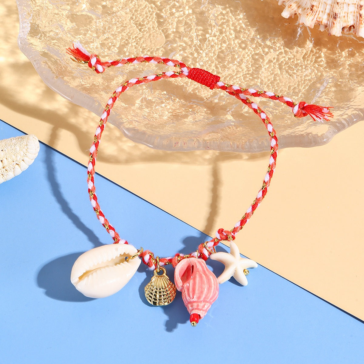 Wholesale Woven bracelet ceramic starfish shell small fish pendant colored rope bracelet