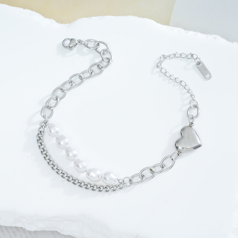 Wholesale Stylish Titanium Steel Pearl Heart Bracelet Electroplated Finish Boutique Resale Jewelry