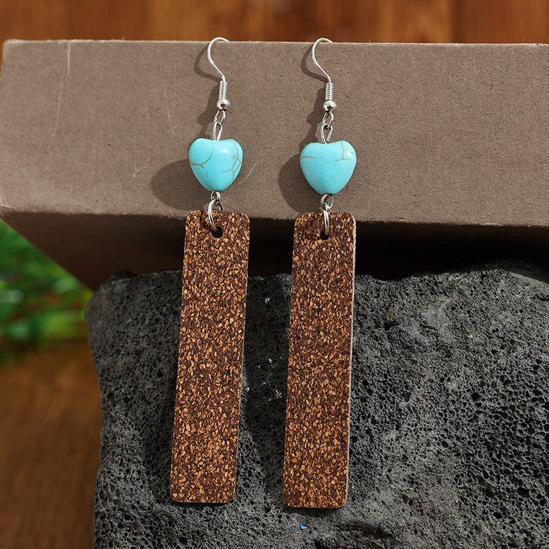 Wholesale Natural Cork Turquoise Long Pendant Western Cowboy Earrings