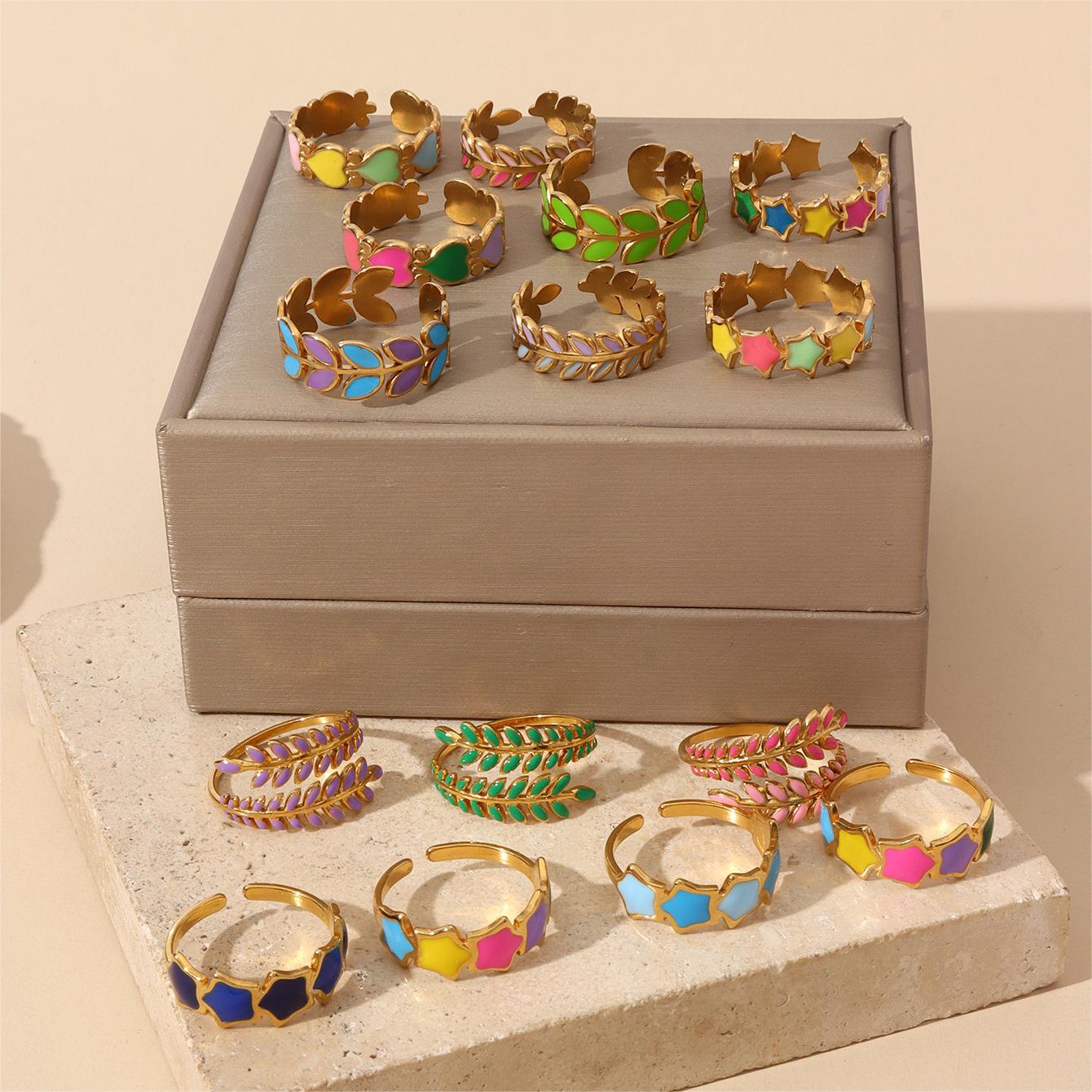 Wholesale Oil Dripping Star Leaf Stainless Steel Ring 18k Gold Plated Rings ACC-RS-MuC012