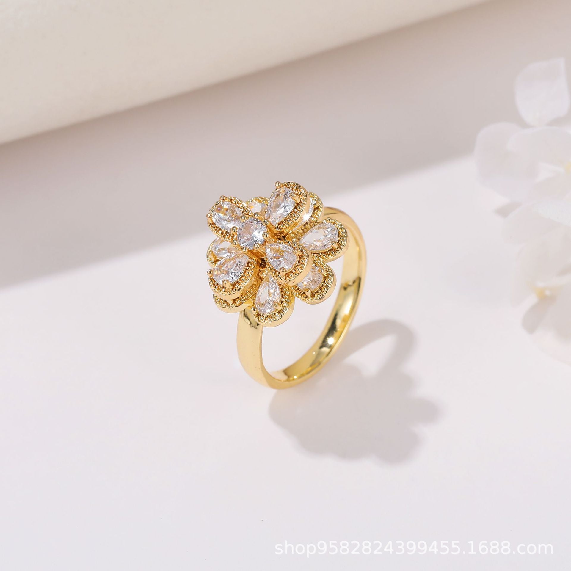 Wholesale 360° Rotating Double-Layer Flower Ring Gold Plated Zircon Fashion Accessory Boutique Gift