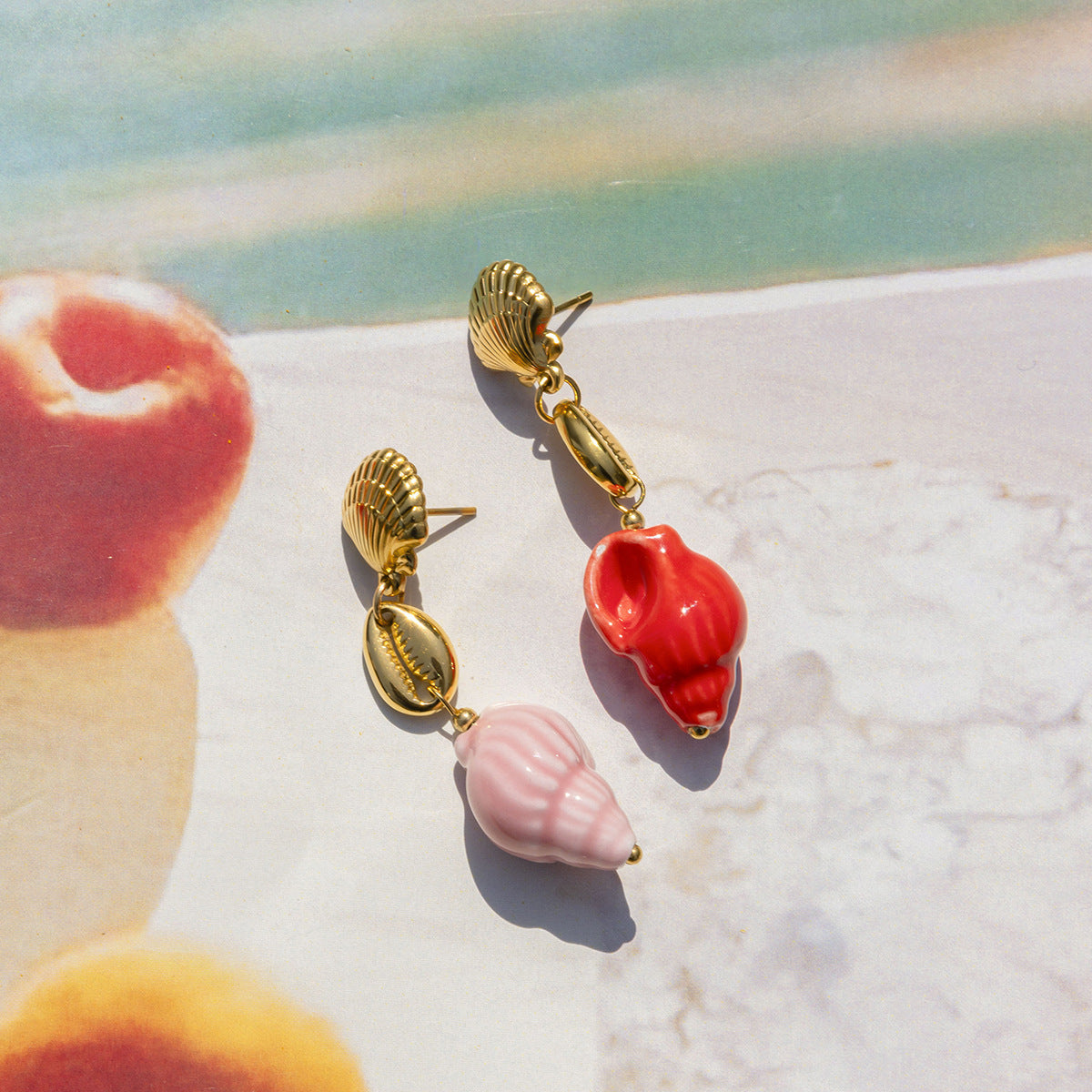 Wholesale 18K gold stainless steel pink ceramic conch pendant earrings